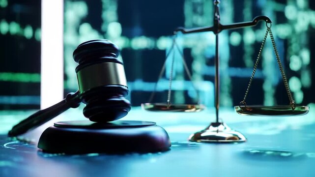 Gavel and scales of justice symbolize law, fairness, and legal proceedings in a digital environment.