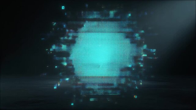 Abstract digital pixelated skull hologram glowing cyan light in dark smoky atmosphere futuristic