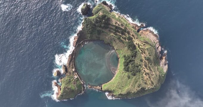 Aerial top down view of vila franca do campo islet
