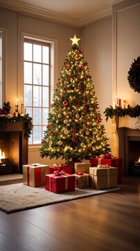 Festive Christmas tree decorated with ornaments and string lights in a cozy living room with presents near a warm fireplace, holiday season