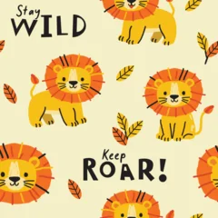 Cute Cartoon Lion Seamless Pattern with Stay Wild and Keep Roar Text © atap