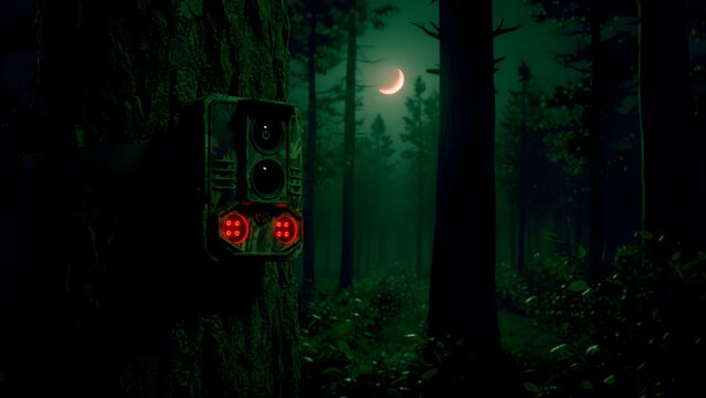 Wildlife trail camera strapped to pine tree trunk at night, infrared surveillance technology, forest moon monitoring, remote ecological data, smart conservation hardware concept.