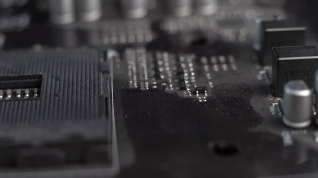 Old Computer Motherboard From Workstation, Macro Close Up of Electronic Components