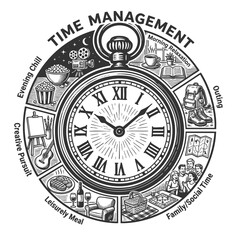Fototapeta premium clock surrounded by segments representing balanced daily activities time management sketch engraving generative ai vector illustration. Scratch board imitation. 