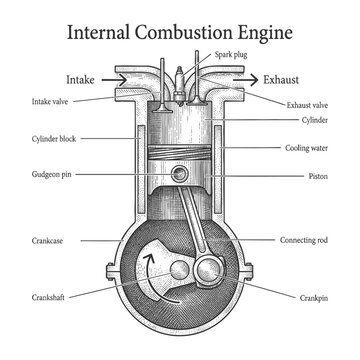 internal combustion engine showing parts like piston, crankshaft, spark plug, and intake exhaust valves sketch engraving generative ai vector illustration. Scratch board imitation. Black and white.