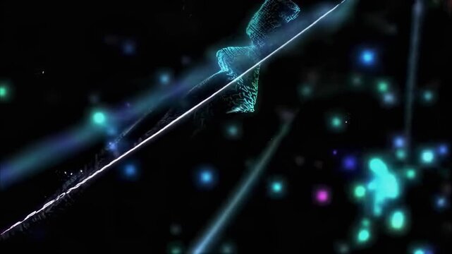 Abstract digital light stream of glowing particles, blue and pink. Dark background with linear light beams, sparkling dots. Dynamic, futuristic, ethereal atmosphere conveying energy, technology