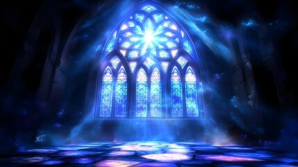 Brilliant divine light streams through a large gothic window illuminating a dark chamber.