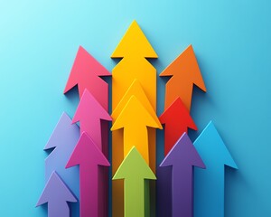 Stylized graphic of arrows in bright colors converging towards a central point, showcasing business growth, resource collaboration, and innovation in modern design