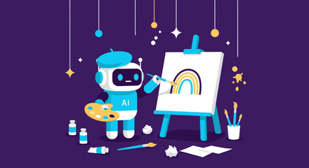 Robot artist creating a colorful rainbow painting on an easel surrounded by art supplies in a creative studio environment from a front viewpoint © Fendi