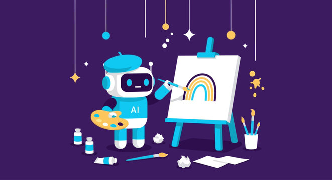 Robot artist creating a colorful rainbow painting on an easel surrounded by art supplies in a creative studio environment from a front viewpoint