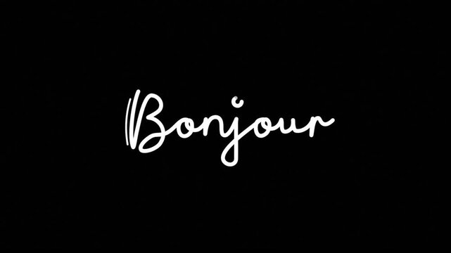 Bonjour One line continuous animated typography intro outro animation video, hand drawn calligraphy monoline lettering vintage text on background single line art white type on black bg backdrop greeti