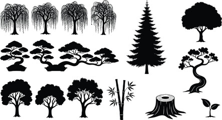 Collection of black tree silhouettes, willow, pine, bonsai, bamboo, oak, spruce, fir, forest nature elements, botanical garden vector icons set isolated on white background. © MDRAZIURRAHMAN