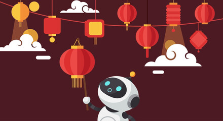 Robot Celebrating Cultural Festival with Lanterns in Traditional Setting