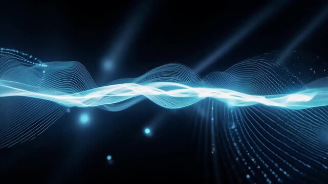 Abstract blue light waves flow horizontally on dark background. Glowing particles create a futuristic visualization of data flow, energy, and communication technology concepts.