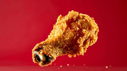 Crispy fried chicken leg quarter against a vibrant red backdrop in studio lighting displaying delicious culinary delight.