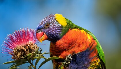 Naklejka premium Vibrant Rainbow Lorikeet Parrot Feeding On A Flower
