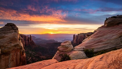 Fototapeta premium Scenic Vista Of Layered Sandstone Formations Under A Vibrant Colorful Sky At Sunset