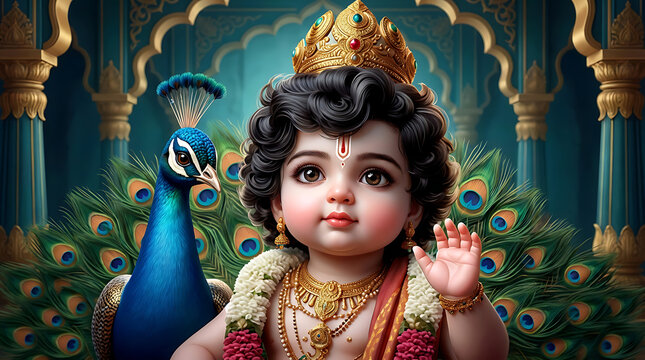 Cute baby murugan illustration with a peacock bird wearing a golden crown and jewelry suitable for thaipusam festival greeting cards and spiritual wall art decors