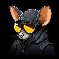Stylish Anthropomorphic Rat in Hooded Streetwear with Yellow Sunglasses Portrait