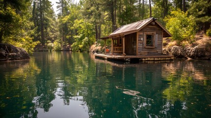 Serene floating wooden cabin on sparkling, emerald waters amid lush, towering trees.
