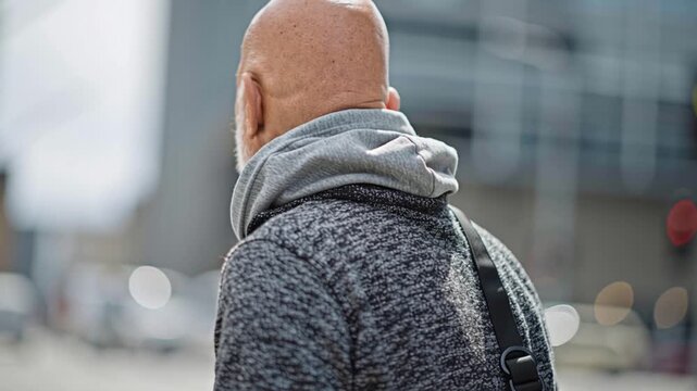 Elderly man in city center forgets where he is. Amnesia, Alzheimer's, and senile dementia concepts.