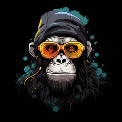 Stylized chimpanzee portrait wearing orange sunglasses and a beanie with teal paint splashes against a dark background