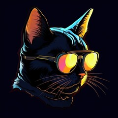 Stylized Neon Cat Portrait Wearing Reflective Sunglasses Against a Dark Background