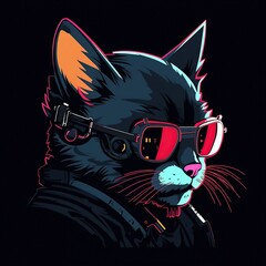 Stylized neon-lit black cat wearing white-framed red-tinted sunglasses with cyan highlights and orange ears in a dark background