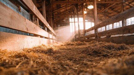 Sunlight streaming into rustic empty barn aisle with wooden fences and straw on the floor, farm building interior