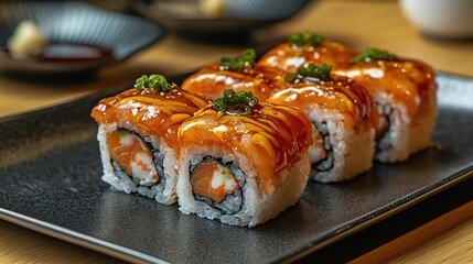 Succulent Glazed Eel Roll Sushi Pieces Arranged Neatly on a Dark Plate