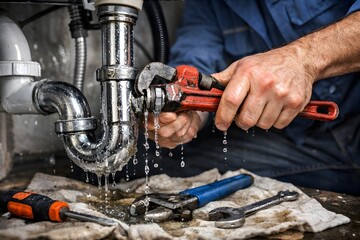 Emergency Plumber Repairing Kitchen Sink Leak, Water Dripping Action Shot, Close-Up Hands and Tools, Urgent Home Plumbing Service, Realistic Commercial Stock Photo