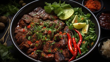 Succulent Pan-Seared Spiced Beef Tenderly Topped with Fresh Cilantro, Lime, and Red Chilies
