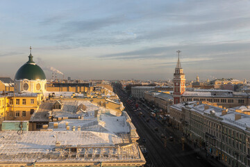 Saint Petersburg, Russia, January 17, 2026,  Rooftop view of Nevsky Prospect and the Duma Tower under a soft evening sky in Saint Petersburg.