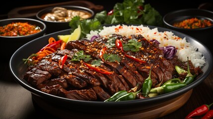 Succulent Slices of Glazed Roast Beef Served Over Fluffy Rice with Fresh Garnishes and Sides