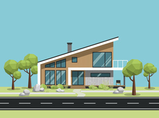 Modern flat color contemporary house featuring a shed roof, wood siding, and large windows. Surrounded by stylized low poly trees, rocks