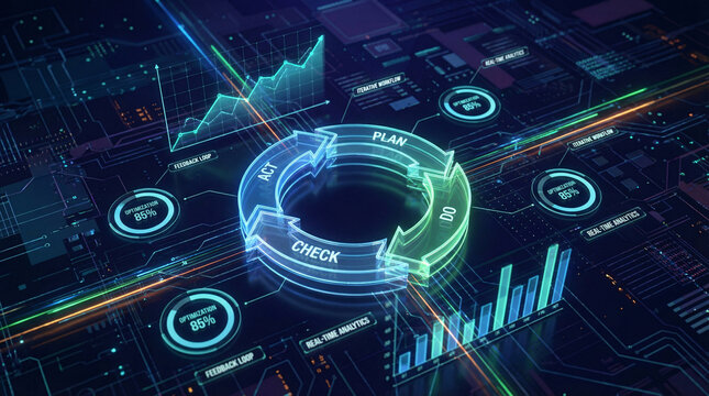 Futuristic business process optimization dashboard with PDCA cycle, plan do check act loop, real time analytics charts, data visualization interface, performance metrics, digital transformation.