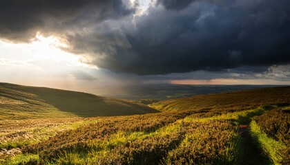 Obraz premium Dramatic Stormy Landscape With Dark Clouds And Sunbeams Breaking Through