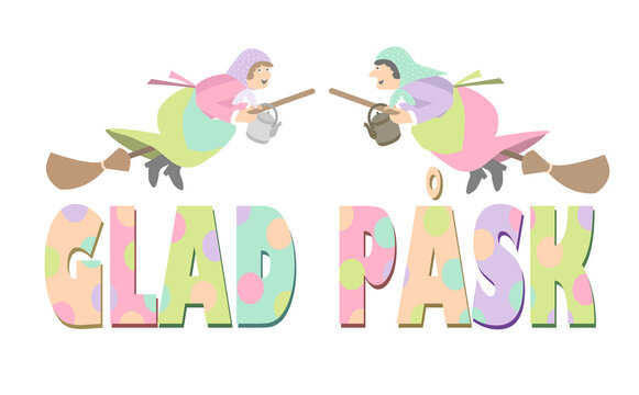 Happy Easter, "Glad P&aring;sk", a Swedish Easter Greetings decorated with scandinavian Easter Witches flying on broomsticks to Blockula (Bl&aring;kulla), vector illustration
