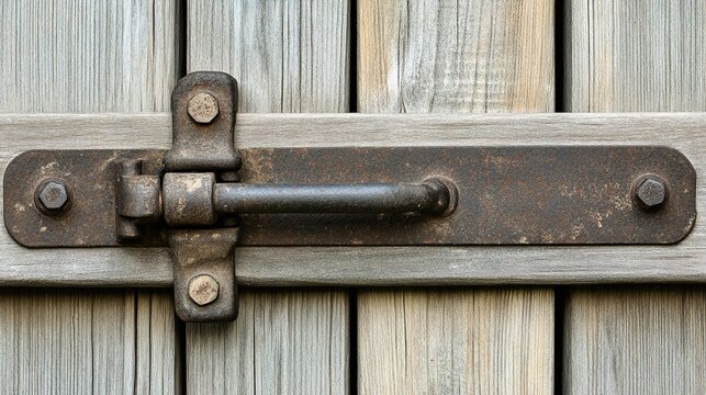 hasp. Large iron hasp on a dusty barn door, symbolizing security in soft natural light. real-estate listings.