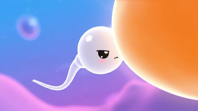 A cartoon sperm character with a cool expression swims towards a large orange cell in a vibrant purple environment