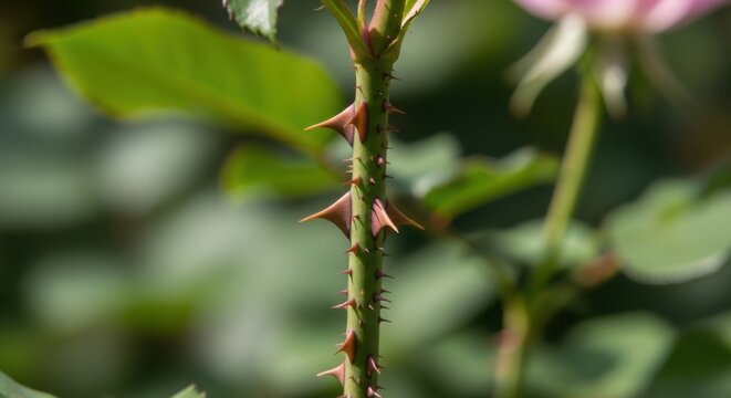 Thorny stem of a rose plant with sharp thorns