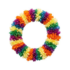Vibrant rainbow flower wreath with colorful blooms arranged in a circular pattern isolated on transparent background