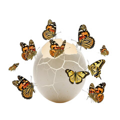 Vibrant butterflies emerging from a cracked egg, symbolizing transformation and new life, beautifully illustrated with intricate details and colors isolated on transparent background