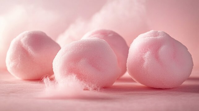 Three Soft Pink Spheres on a Pastel Pink Surface with Cloudy Sky Background