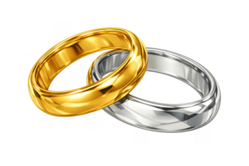 Pair of wedding rings with interlocking gold and silver bands symbolizing marriage, commitment, and union on transparent background