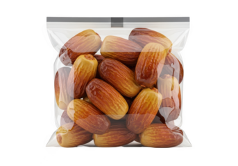 Transparent plastic bag filled with dried dates isolated on transparent background