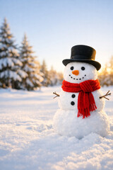 Fototapeta premium Cheerful snowman with red knitted scarf and black top hat in a snowy winter park at golden hour with copy space