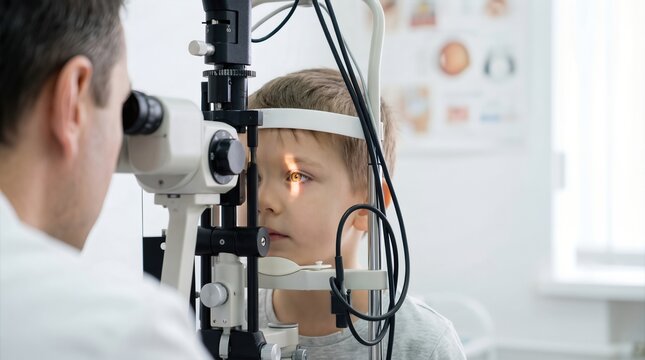 Young boy undergoing eye examination with advanced optical equipment in a bright clinic, showcasing the importance of pediatric eye care and health awareness