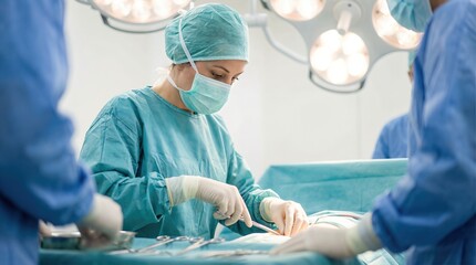 Female surgeon in teal scrubs performing surgery in a sterile operating room, surrounded by medical instruments and bright surgical lights, showcasing precision and professionalism