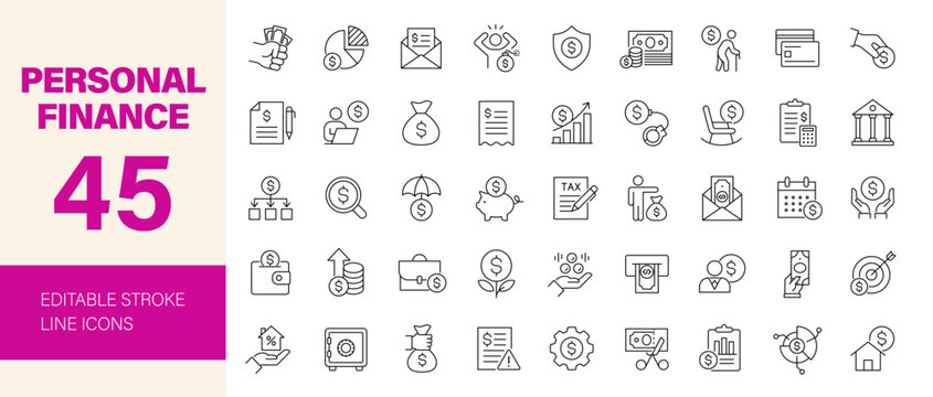 Personal Finance icon set. Editable line icons. Vector illustration.